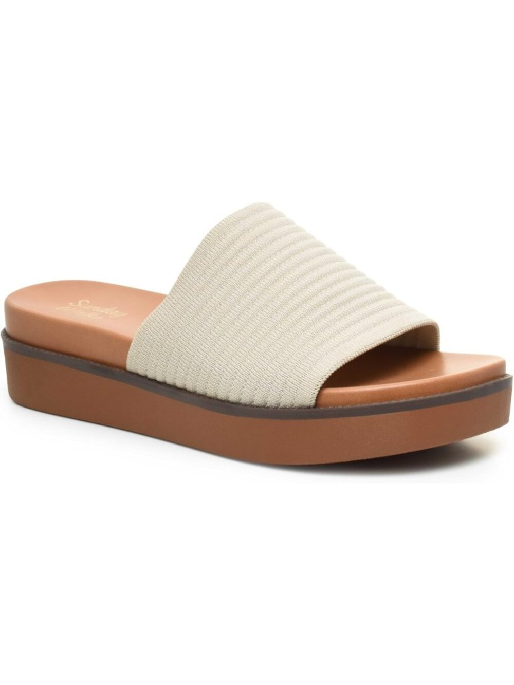 Women’s Beige Platform Slide Sandal Ribbed Knit Upper Cushioned Lightweight